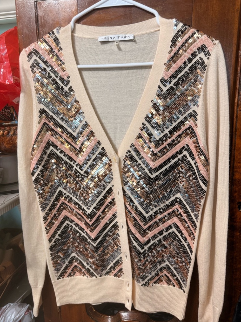 Trina Turk Sweater Womens Medium Beige Sequin Chevron Cardigan 100% Merino Wool